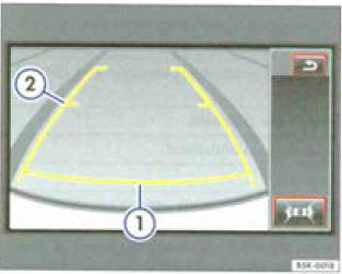 À l'écran : lignes repéres statiques de l'espace de stationnement derriére le véhicule.