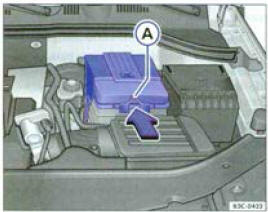 Dans le compartiment-moteur : dépote du cache de la batterie du véhicule.