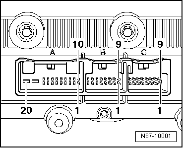 Bornage des connecteurs multibroches A, B et C situés au dos du calculateur de Climatronic -J255