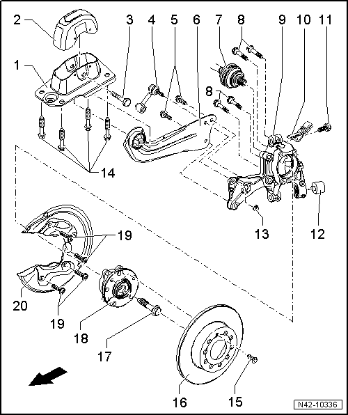Porte-fusée et bras longitudinal : vue d'ensemble du montage (transmission intégrale, berceau en acier et porte-fusée en aluminium)