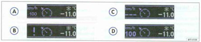 Sur l'afficheur du combine d'instruments : indications d'état du régulateur de vitesse.