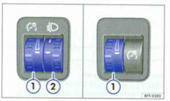 Fig. 73 A côté du volant : molettes du rhêoitat d'éclairage des codrans et  des commandes (1) et du réglage du site des projecteurs (2)