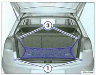 Fig. 92 Dans le coffre à bagages : filet de coffre à bagages accroché devant le seuil de chargement.