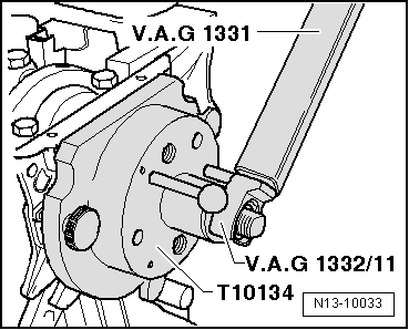 D - Cible : emmanchement sur le flasque de vilebrequin avec le dispositif de montage -T10134-