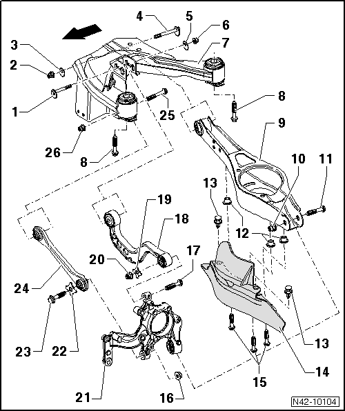 Bras transversal et biellette de direction : vue d'ensemble du montage (transmission intégrale, berceau en aluminium et porte-fusée en acier moulé)