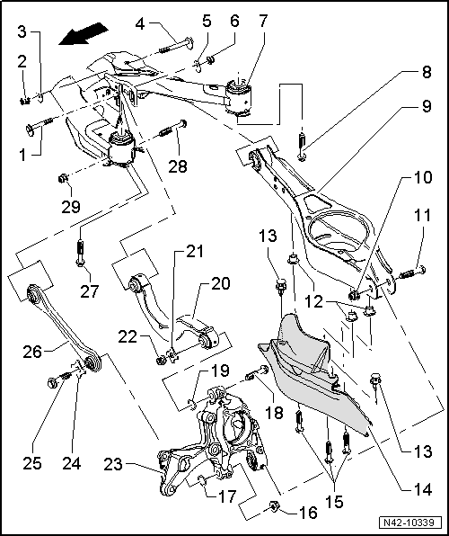 Bras transversal et biellette de direction : vue d'ensemble du montage (transmission intégrale, berceau en acier et porte-fusée en aluminium)