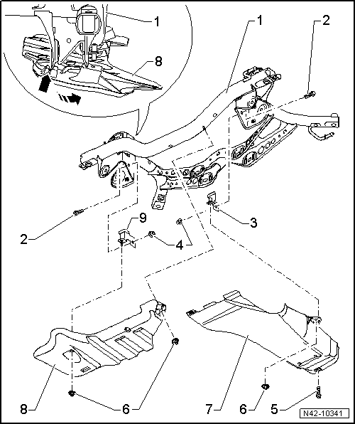 Pièces rapportées du berceau : vue d'ensemble du montage sur la Golf BlueMotion et la Golf Plus BlueMotion (traction avant)