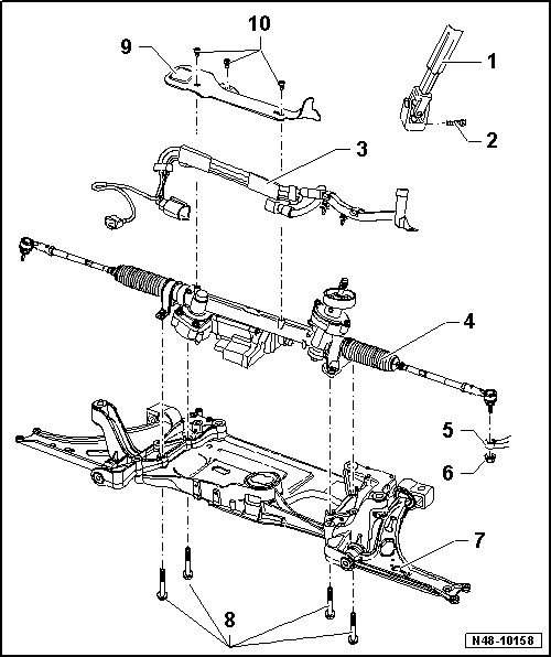 Mécanisme de direction électromécanique des générations I et II : vue d'ensemble du montage, véhicules à direction à gauche, jusqu'au millésime 2008