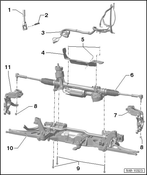 Mécanisme de direction électromécanique de la génération III : vue d'ensemble du montage, véhicules à direction à droite, à partir du millésime 2009