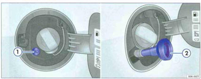Fig. 155 Trappe à carburant avec goulatte de remplissage de gaz 1 et adaptateur