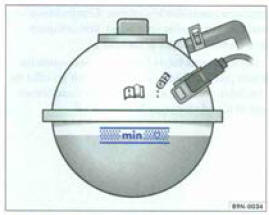 Dans le compartiment-moteur : repéres sur le vase d'expansion du liquide de refroidissement.
